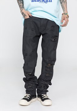 Ripped jeans straight fit shred denim pants in black