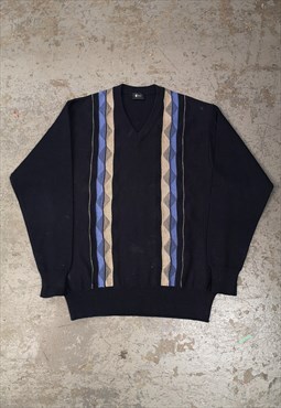 Vintage Abstract Knitted Jumper Blue Patterned Grandad