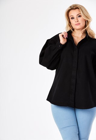 CURVE BALLOON SLEEVE GRANDAD-COLLAR DENIM SHIRT BLACK