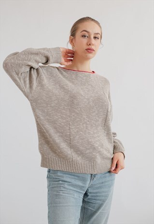 VINTAGE RELAXED BOXY FIT KNITTED LINEN JUMPER IN BEIGE M