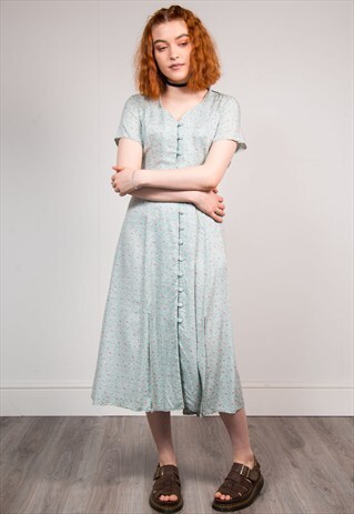 90'S VINTAGE FLORAL PATTERN SLIT DETAIL GRUNGE MIDI DRESS