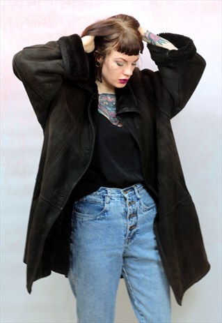 1980S VINTAGE DARKEST BROWN SHEEPSKIN SHEARLING COAT