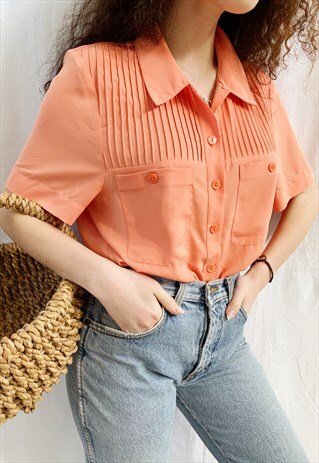 VINTAGE 80S PEACHY PEACHY SATIN MINIMALIST BLOUSE TOP PASTEL