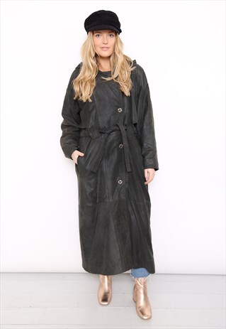 VINTAGE 80S DARK GREEN LEATHER TRENCH COAT MAC