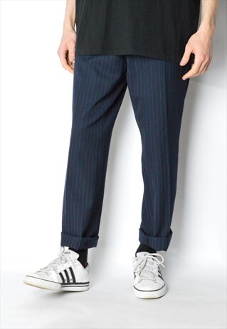 VINTAGE 90S NAVY BLUE STRIPED WOOL BLEND PANTS