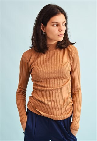 90'S RETRO RIBBED KNIT NEUTRAL SILK JUMPER TOP