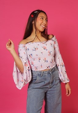 Y2K Floral Purple Off The Shoulder Top