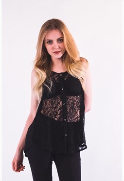 Collarless Shirt in Floral Lace and Chiffon in Black