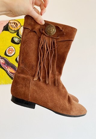 VINTAGE 70S REAL LEATHER SUEDE FRINGED BOHO COWBOY BOOTS