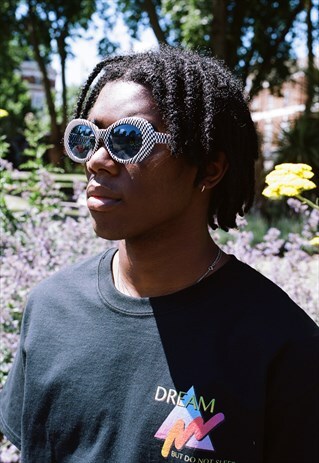 CHECKERED OVAL SUNGLASSES WITH BLUE COLOURED LENS