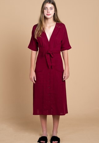VALERIE LINEN KIMONO MIDI DRESS IN MAROON