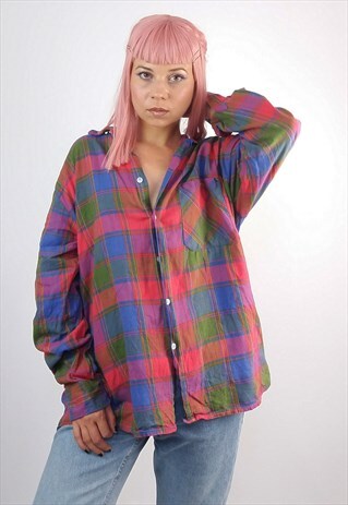 VINTAGE 80'S PLAID CHECK PATTERN BOYFRIEND SHIRT