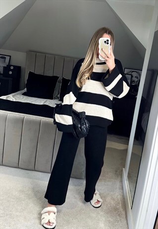 AZELLE COLLECTION BLACK KNITTED STRIPE LOUNGEWEAR CO-ORD SET