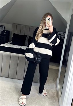 Azelle Collection Black Knitted Stripe Loungewear Co-ord Set