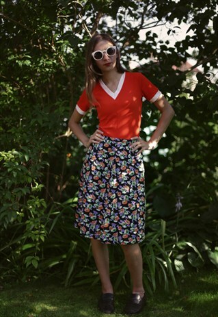 VINTAGE 80'S BLACK FLOWER PRINT MIDI SKIRT