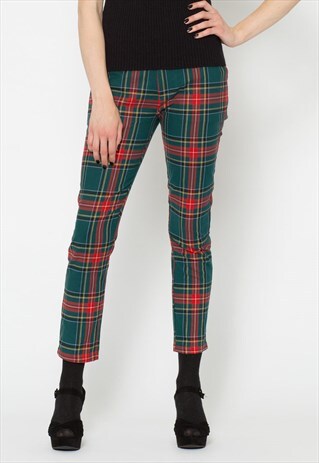 BLUE AND RED TARTAN PRINT PANTS