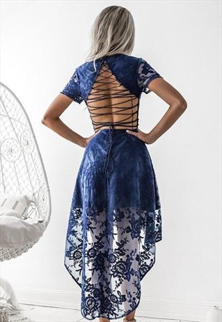 NAVY HIGH LOW LACE DRESS W TIE UP BACK