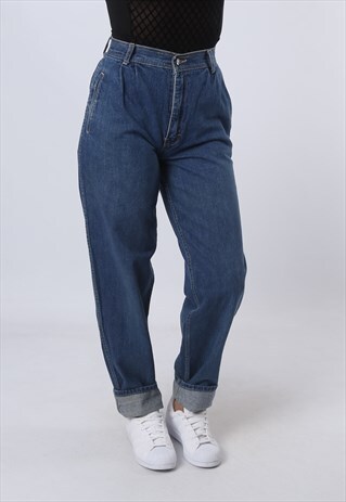 HIGH WAISTED DENIM JEANS TAPERED LEG VINTAGE UK 8 (BJBA)