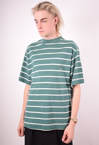 TRUSSARDI MENS VINTAGE T-SHIRT TOP MEDIUM GREEN STRIPES 90S