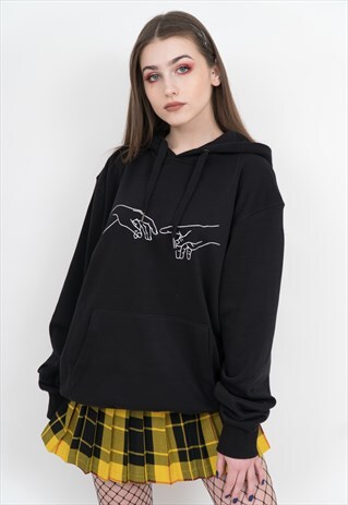 CREATION OF ADAM MICHELANGELO INSPIRED BLACK PRINTED HOODIE