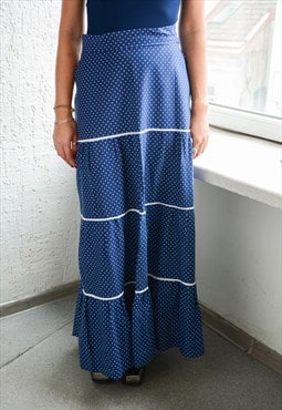 Vintage 70's Bohemian Blue Polka Dot Maxi Skirt