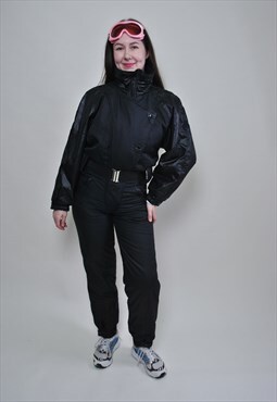 Women one piece ski suit, black 80s snowsuit, Size S/M