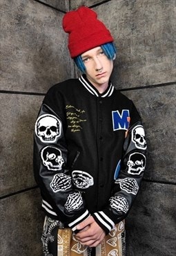 Bones varsity jacket faux leather skeleton baseball bomber