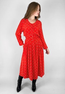 80's Vintage Red White Polka Dot Long Sleeve Midi Dress