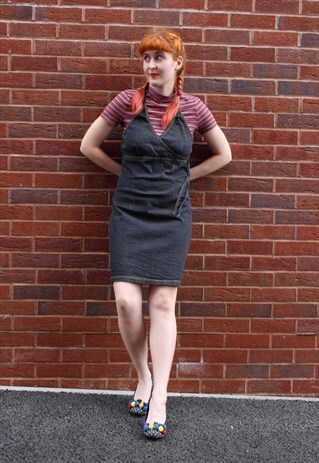 VINTAGE 90S BLACK DENIM DRESS WITH V NECK HALTERNECK