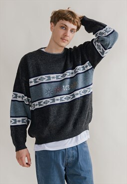 Vintage 90s Nordic Grey&Blue Roundenck Men Jumper  XL