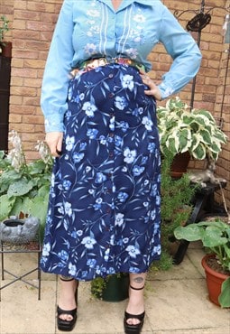 Vintage 90s Blue Cottage Floral Flower Festival Midi Skirt