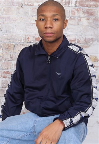 VINTAGE DIADORA TAPE LOGO TRACK JACKET NAVY BLUE