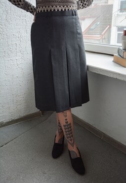 Vintage Grey Wool Pleated Front Midi Skirt