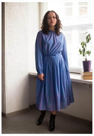 VINTAGE 70'S BLUE PATTERNED LONG SLEEVED DRESS