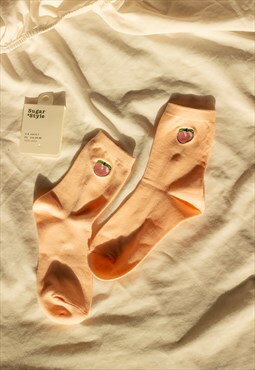 Pink Peach Fruit Embroidered Socks