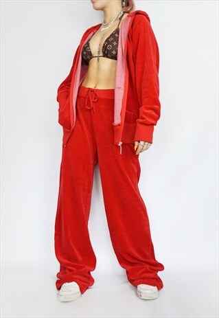 DEADSTOCK 00S Y2K RED VELOUR TRACKSUIT JOGGERS
