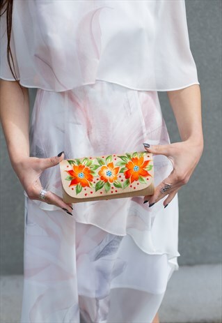 BEIGE ORANGE FLORAL FABRIC CLUTCH SUNGLASSES CASE