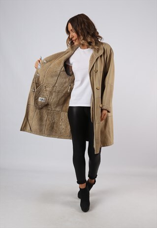 SHEEPSKIN SUEDE LEATHER SHEARLING COAT UK 14 (C92L)