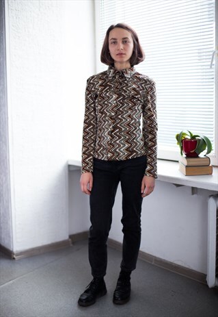 VINTAGE 70'S BROWN VELVET GEOMETRIC PRINT SHIRT