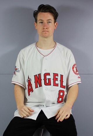 VINTAGE MAJESTIC MLB ANGELS JERSEY IN WHITE WITH LOTS OF EMB