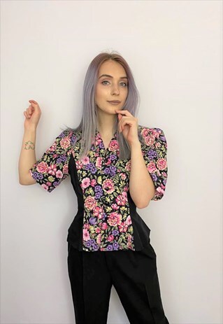 VINTAGE WOMENS 80S BLACK FLOWER PRINT COLORFUL PUFF SLEEVE