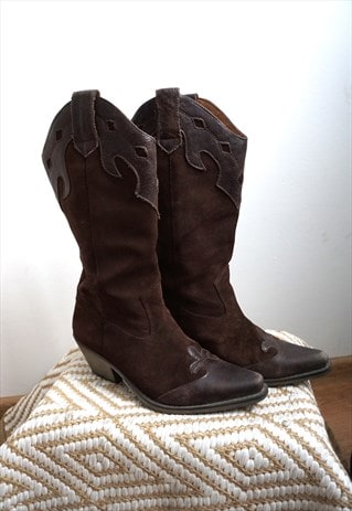 VINTAGE BROWN SUEDE LEATHER COWBOY WESTERN BOOTS SHOES