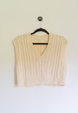 y2k Cream Cable Knit V Neck Cropped Sweater Vest
