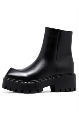 Grunge chunky boots edgy square toe platform shoes in black