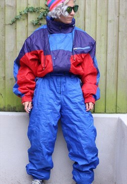 Vintage 1990s colour block skisuit in blue red and purple