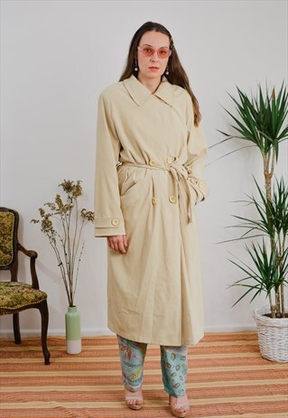 COTTON TRENCH VINTAGE COAT BEIGE DOUBLE BREASTED SANDY XXL
