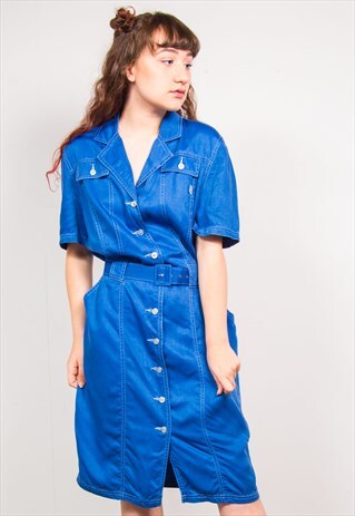 VINTAGE 90'S BLUE DENIM OPEN COLLAR MIDI DRESS