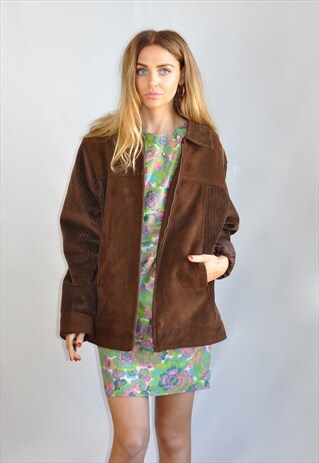 VINTAGE 90S AMERICAN OVERSIZED BROWN SUEDE AND CORD JACKET
