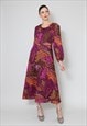 70's Ladies Vintage Dress Long Sleeve Purple Printed Midi