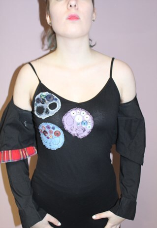 STRAPPY BLACK BODYCON APPLIQUE PATCHES DRESS SEXY MINI SKULL